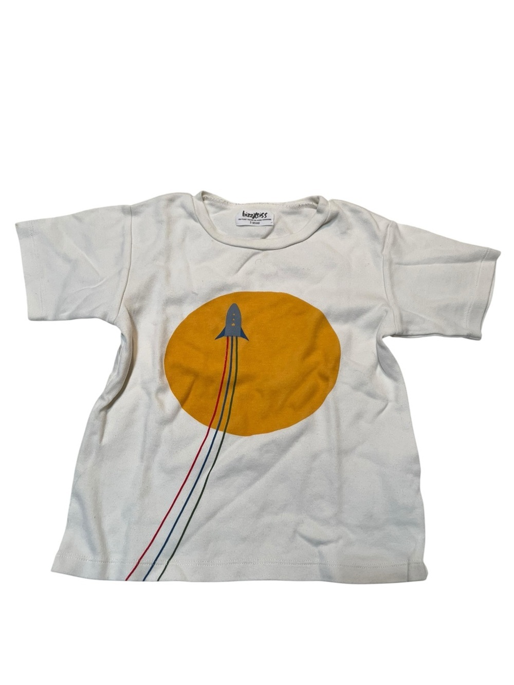 Bizz X Siss Kids Size 5 T-Shirt White‎ Yellow Sun Rocket 100% Organic Cotton